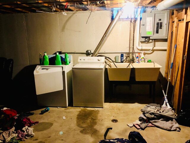 29161 Schoenherr Rd, Warren, MI 48088 - unfinished basement with electric panel, separate washer and dryer, and a sink