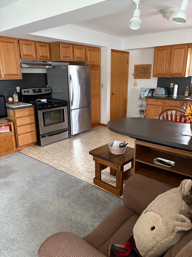 kitchen featuring light colored carpet and stainless steel appliances