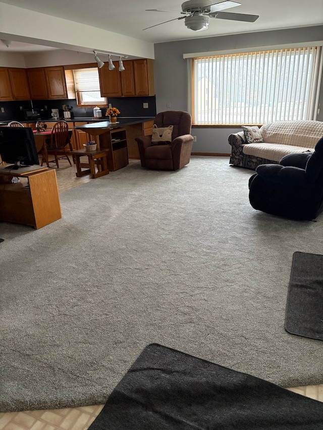 carpeted living room with a healthy amount of sunlight, track lighting, and ceiling fan