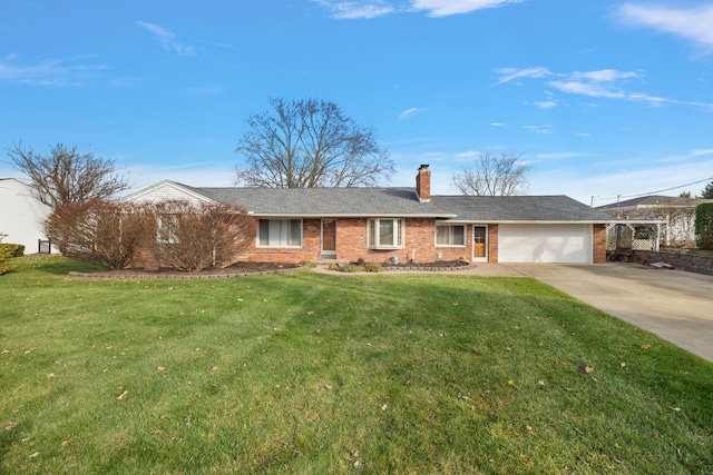 single story home with a garage, brick siding, a chimney, and a front yard