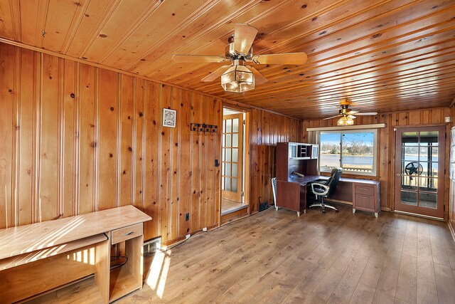 unfurnished office featuring ceiling fan, wood walls, wood finished floors, and wood ceiling