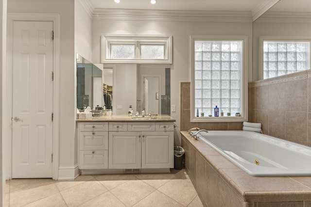 bathroom with vanity, tiled bath, tile patterned floors, and ornamental molding