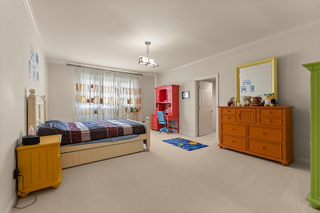 carpeted bedroom with crown molding