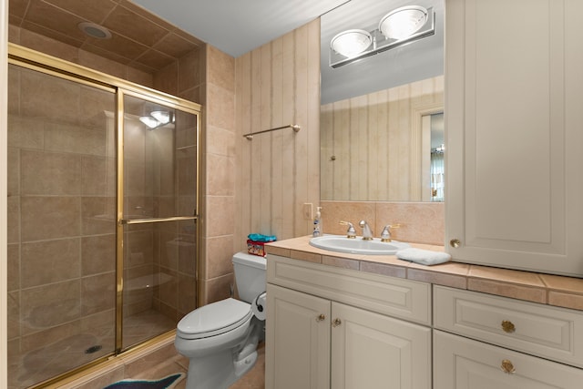 bathroom with vanity, an enclosed shower, and toilet