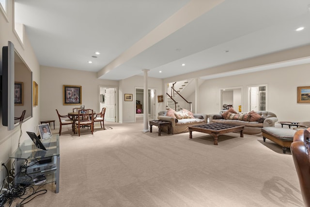 living room with light colored carpet