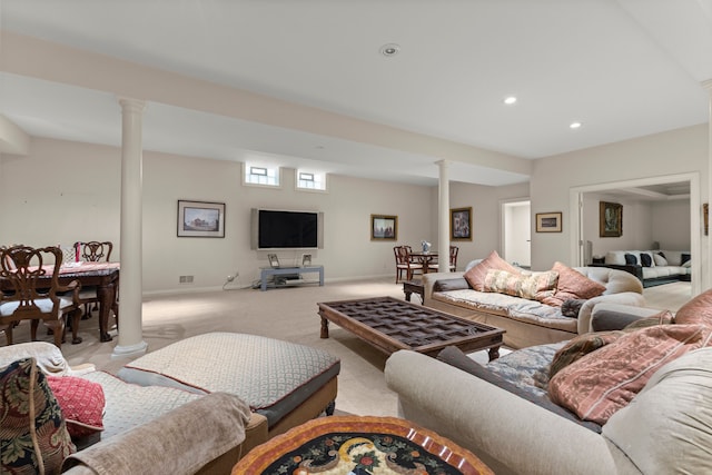 living room featuring light colored carpet