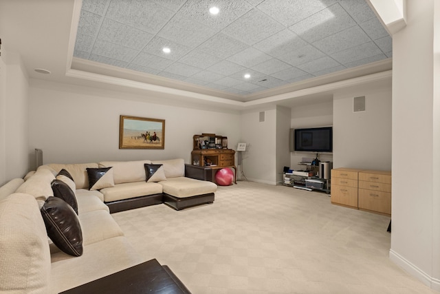 living room featuring a raised ceiling