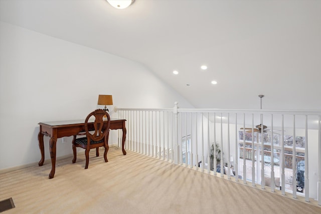 carpeted home office with baseboards, visible vents, vaulted ceiling, and recessed lighting