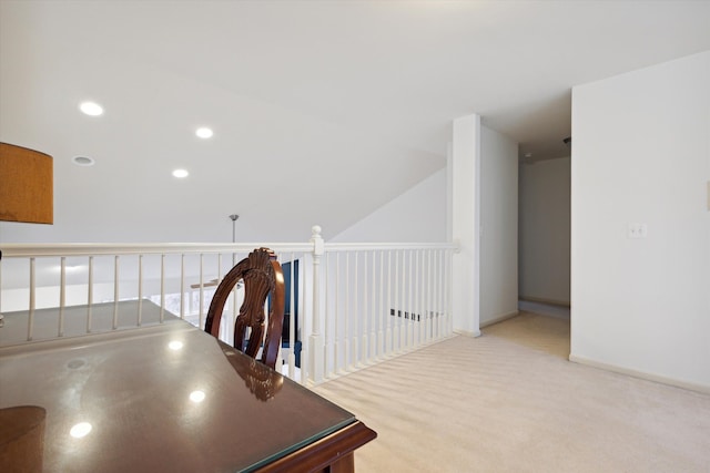 office area featuring baseboards, vaulted ceiling, carpet, and recessed lighting