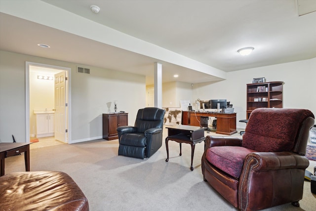 living room with light carpet, recessed lighting, visible vents, and baseboards