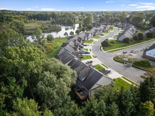 aerial view with a residential view and a water view