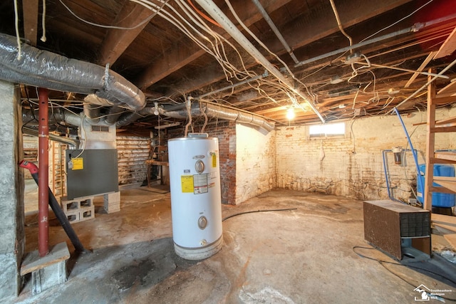 basement with water heater and heating unit