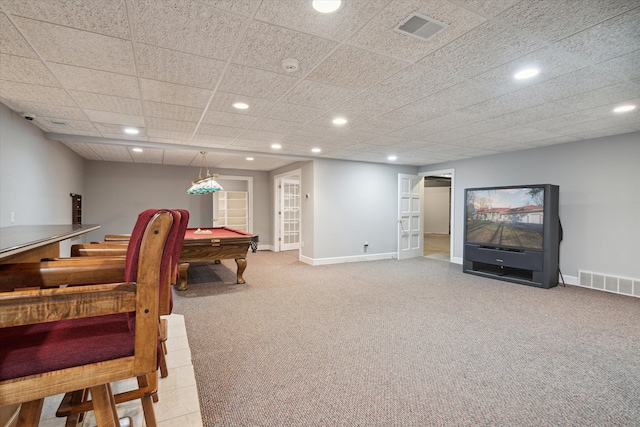 game room featuring light carpet, french doors, and pool table