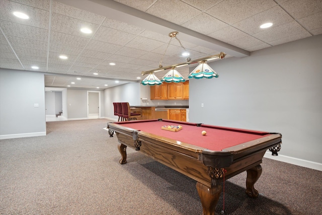 game room with carpet flooring, a paneled ceiling, and pool table