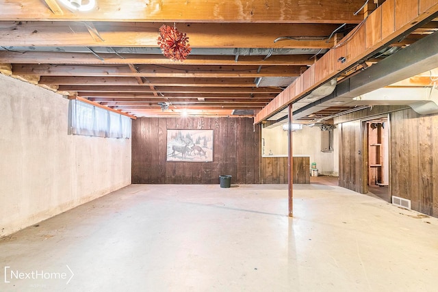 basement with wooden walls