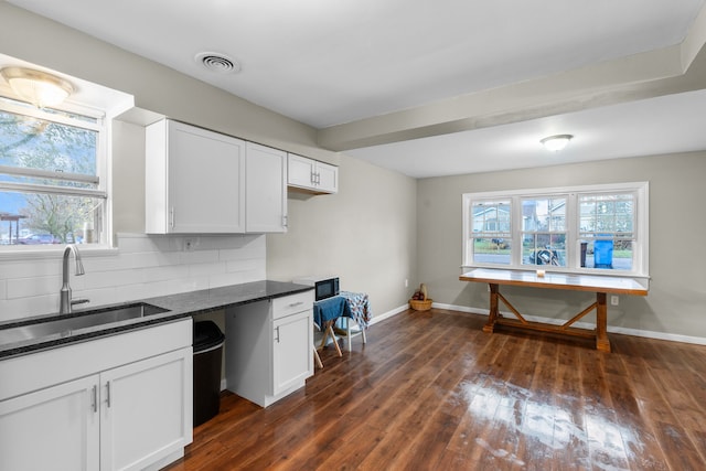 kitchen with decorative backsplash, white cabinetry, sink, and dark wood-type flooring