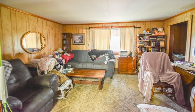 living room featuring wood walls and ornamental molding