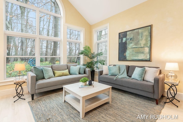 1749 Sunset Point Dr, Norton Shores, MI 49441 - living room with wood finished floors, high vaulted ceiling, and baseboards