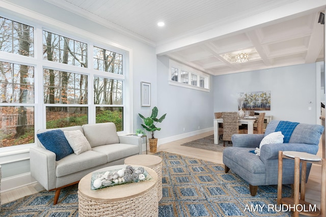 1749 Sunset Point Dr, Norton Shores, MI 49441 - living area with baseboards, coffered ceiling, wood finished floors, recessed lighting, and beamed ceiling
