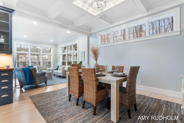 1749 Sunset Point Dr, Norton Shores, MI 49441 - dining area featuring light wood finished floors, beam ceiling, crown molding, a chandelier, and recessed lighting