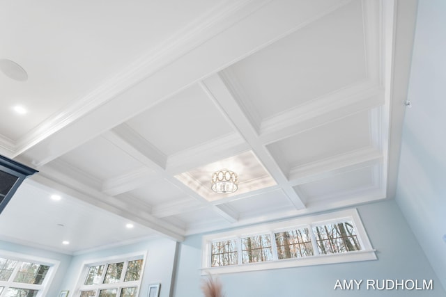 1749 Sunset Point Dr, Norton Shores, MI 49441 - detailed view of beam ceiling, crown molding, coffered ceiling, a chandelier, and recessed lighting