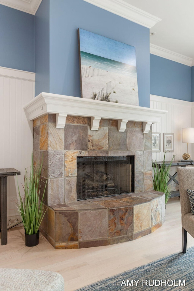 1749 Sunset Point Dr, Norton Shores, MI 49441 - detailed view of a stone fireplace, ornamental molding, wood finished floors, wainscoting, and a decorative wall