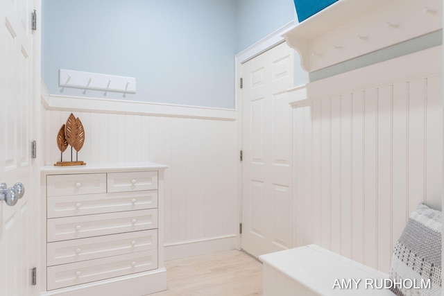 1749 Sunset Point Dr, Norton Shores, MI 49441 - bathroom with wainscoting, wood finished floors, and a decorative wall