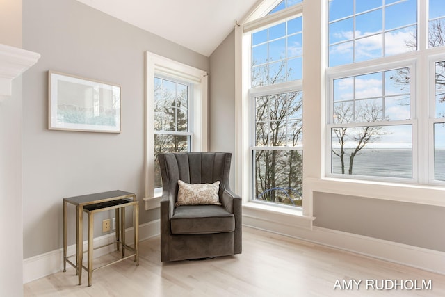 1749 Sunset Point Dr, Norton Shores, MI 49441 - living area featuring wood finished floors, vaulted ceiling, and baseboards
