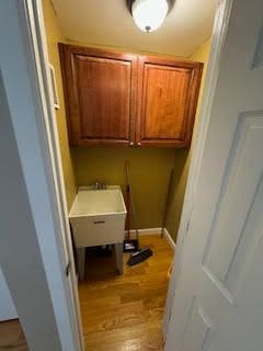 clothes washing area with cabinets, light hardwood / wood-style floors, and sink