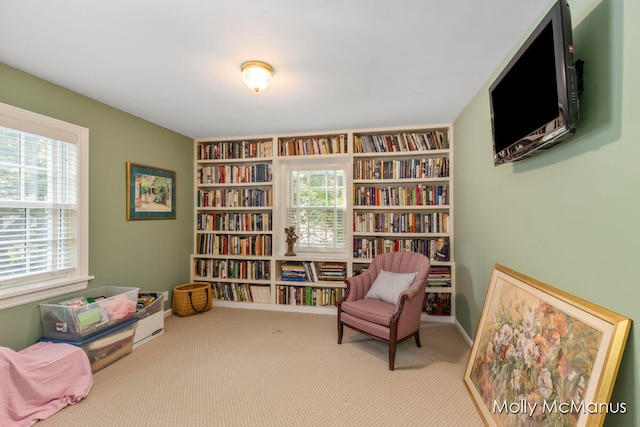 sitting room with carpet floors