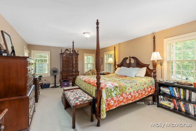 bedroom featuring light colored carpet and multiple windows