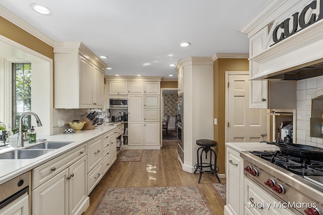 kitchen with backsplash, crown molding, sink, light hardwood / wood-style flooring, and stainless steel appliances