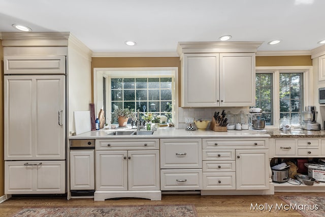 kitchen with backsplash, crown molding, sink, and dark hardwood / wood-style floors