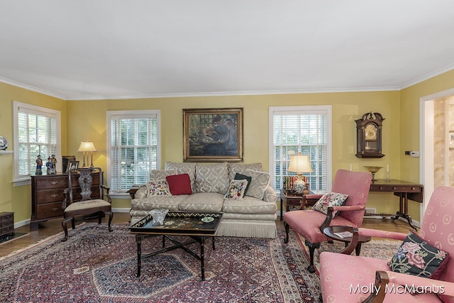 living room featuring hardwood / wood-style flooring, plenty of natural light, and crown molding