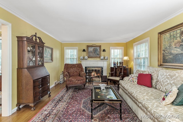 living room with hardwood / wood-style floors, a wealth of natural light, and ornamental molding