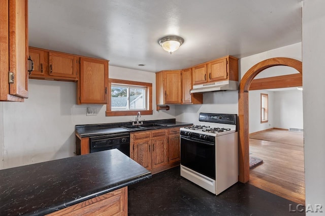 kitchen featuring dishwasher, dark hardwood / wood-style flooring, sink, and white gas range oven