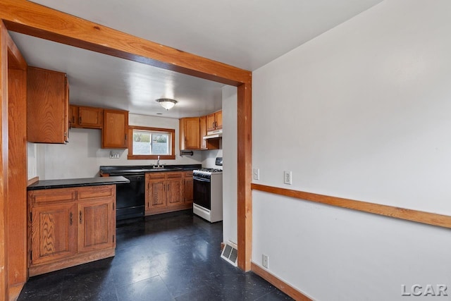 kitchen featuring gas range gas stove, sink, and black dishwasher