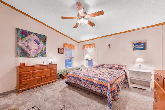 carpeted bedroom with a textured ceiling, high vaulted ceiling, ceiling fan, and crown molding