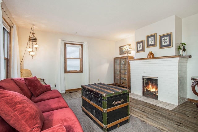 living room featuring a fireplace and wood-type flooring