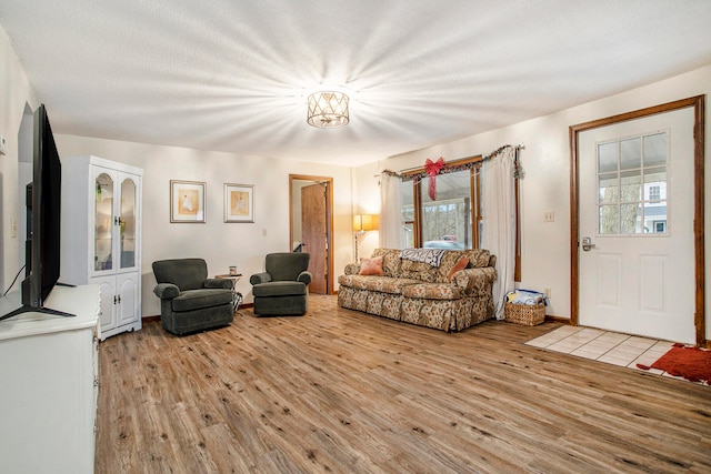 living room with a textured ceiling and light wood-type flooring