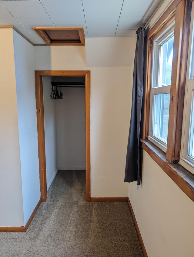 interior space featuring a closet and dark colored carpet