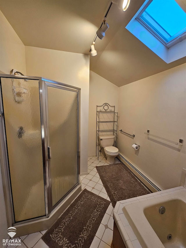 full bathroom with tile patterned floors, vaulted ceiling with skylight, baseboard heating, sink, and shower with separate bathtub