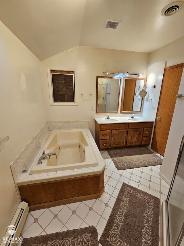 bathroom with tile patterned floors, vanity, a baseboard radiator, plus walk in shower, and lofted ceiling