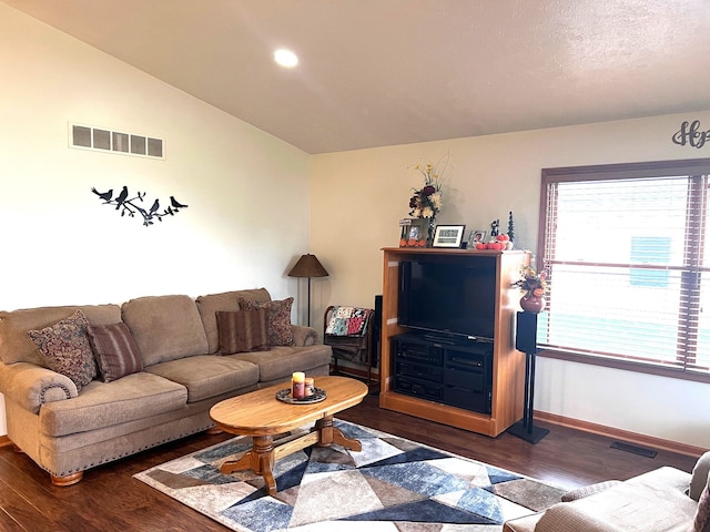 living room featuring dark wood-type flooring and vaulted ceiling