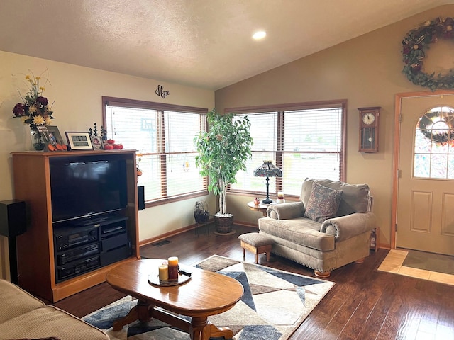 living room with dark hardwood / wood-style floors, a healthy amount of sunlight, lofted ceiling, and a textured ceiling