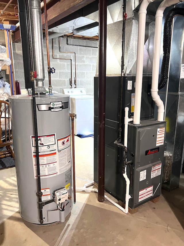 utility room featuring heating unit, water heater, and washing machine and clothes dryer