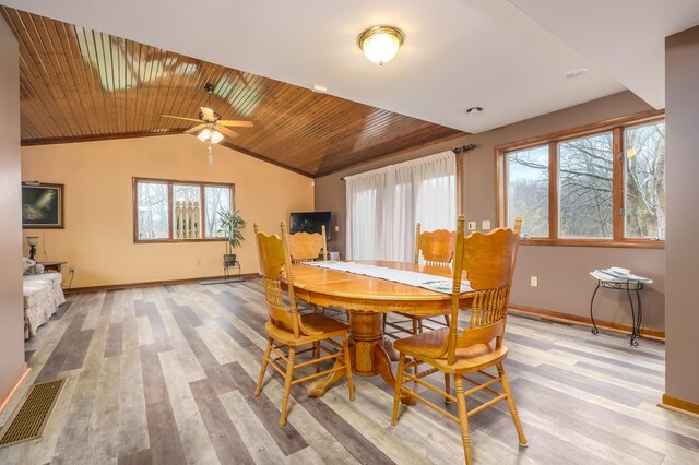 18980 16 Mile Rd, Marshall, MI 49068 - dining space with baseboards, plenty of natural light, light wood finished floors, wooden ceiling, and a ceiling fan