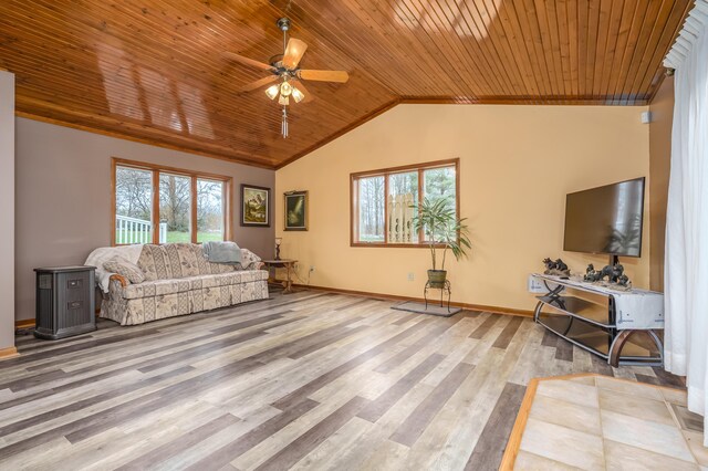 18980 16 Mile Rd, Marshall, MI 49068 - living area featuring wood ceiling, a ceiling fan, baseboards, wood finished floors, and vaulted ceiling
