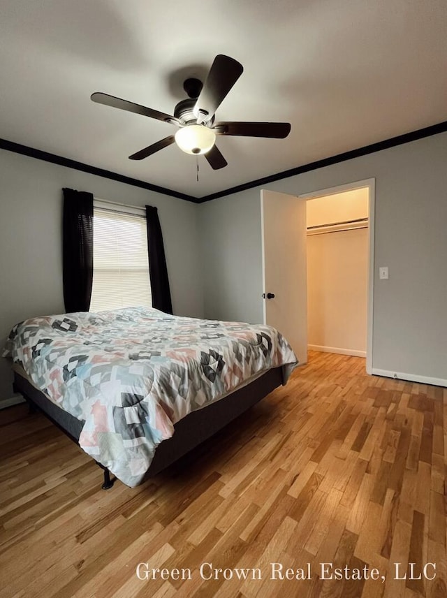 bedroom with a closet, light hardwood / wood-style flooring, ceiling fan, and ornamental molding