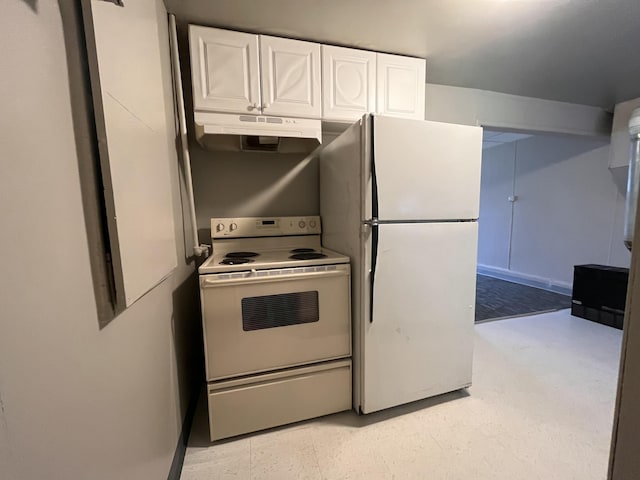 25846 W 7 Mile Rd, Redford, MI 48240 - kitchen featuring white appliances, under cabinet range hood, white cabinets, and light floors